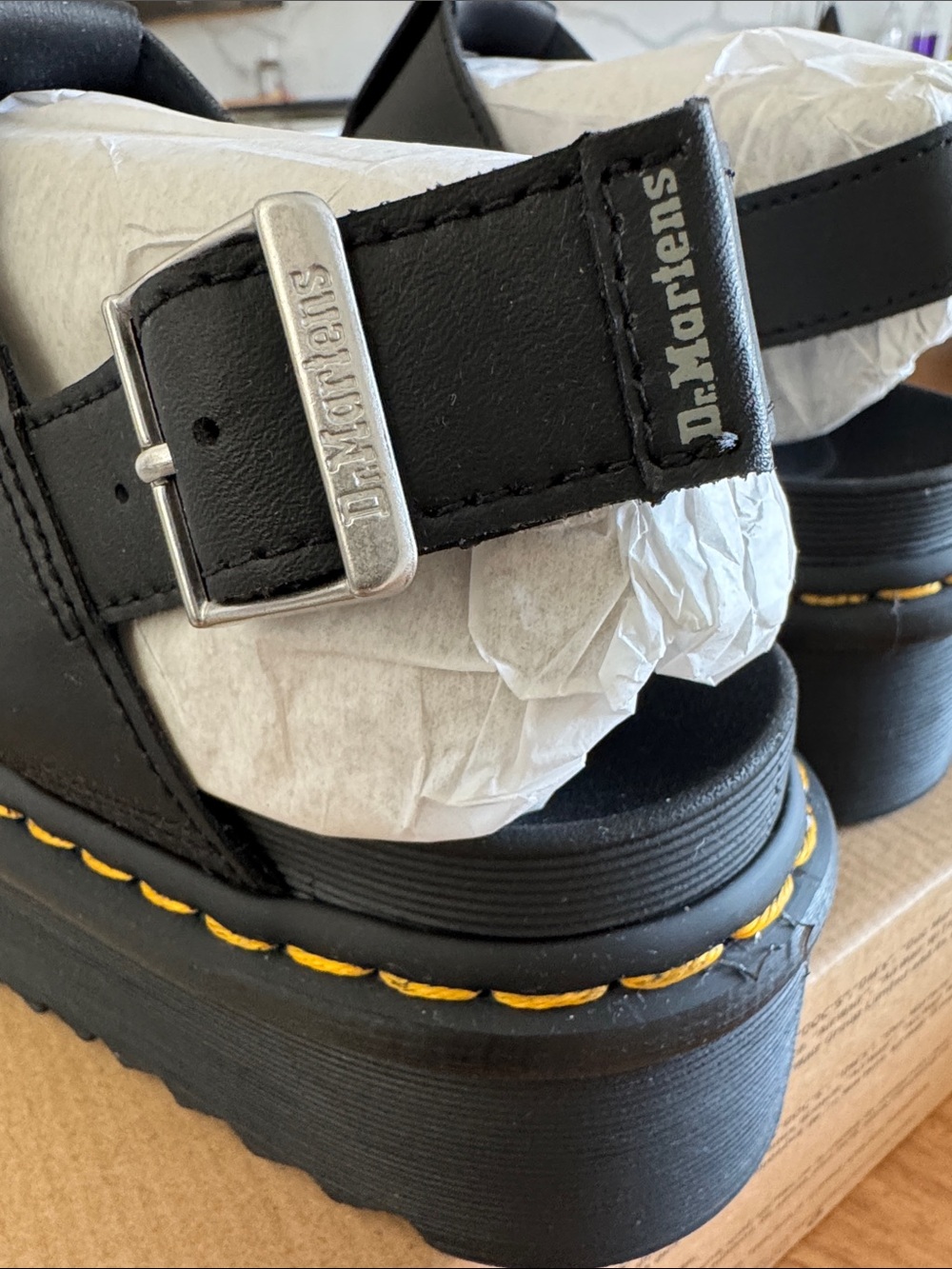 Dr. Martens Black Platform Francis Sandals with Yellow Stitching - Picture 3 of 6